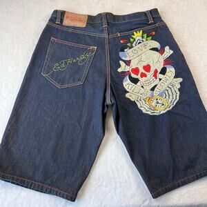 Ed Hardy Love Kills Slowly Embroidered Skull Jean Shorts men’s size 36 Y2K